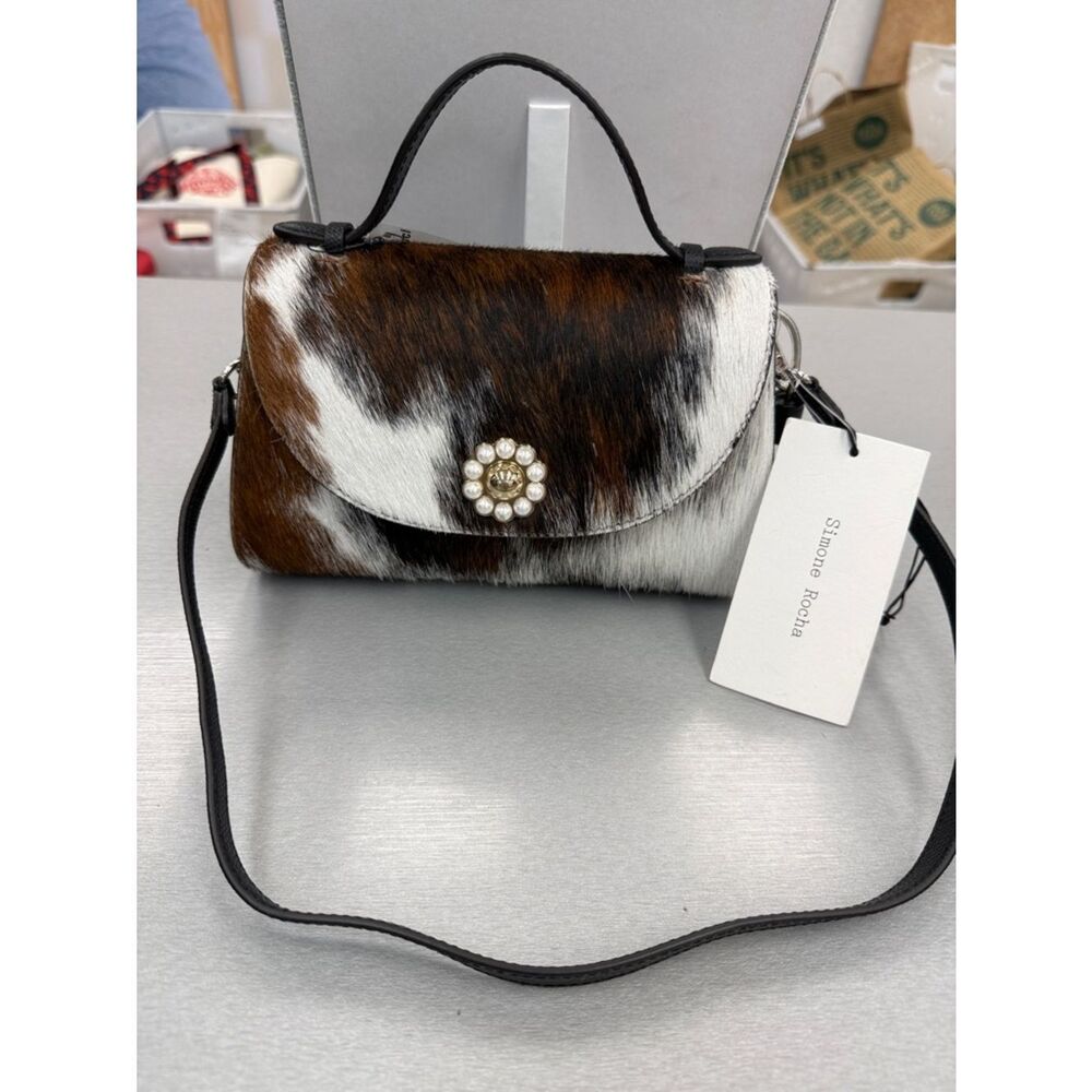 Simone Rocha Brown and White Haircalf Top-Handle Shoulder Bag with Pearl Button